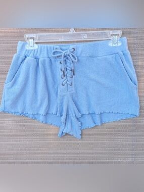 Sheek Vintage Havana Lace-Up Ribbed Flowy Shorts - Light Blue, Size Large